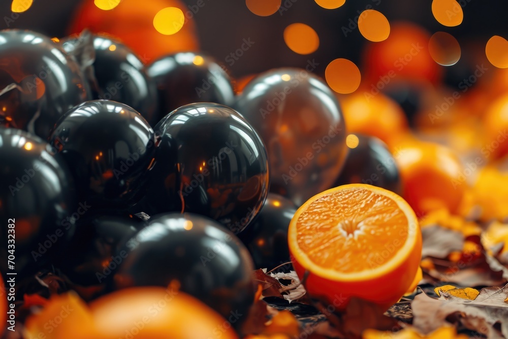 Poster a close up photograph of a bunch of oranges. this image can be used to showcase the vibrant colors a