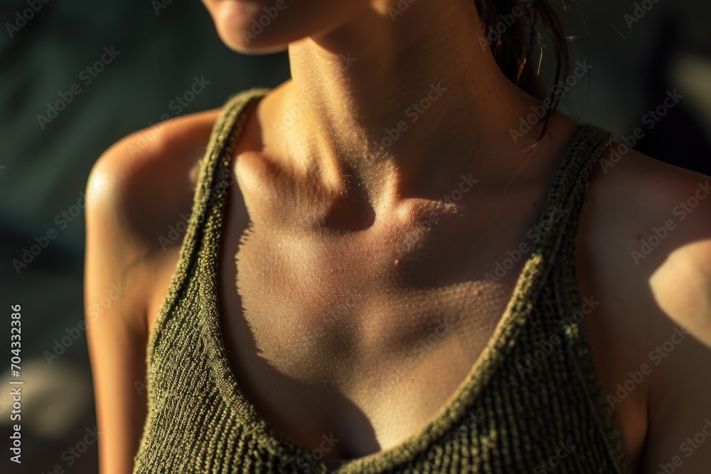 Poster A close-up view of a person wearing a tank top. This image can be used in various contexts