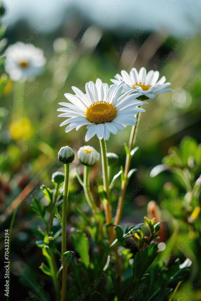 Poster A close-up view of a bunch of flowers in a field. Perfect for adding a touch of nature to any project