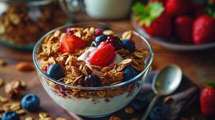 A delicious bowl of granola topped with fresh berries and creamy yogurt. Perfect for a healthy breakfast or snack