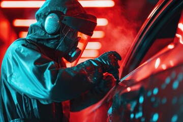 A man wearing a gas mask and goggles is working on a car. This image can be used to depict a mechanic or technician working in hazardous or polluted environments