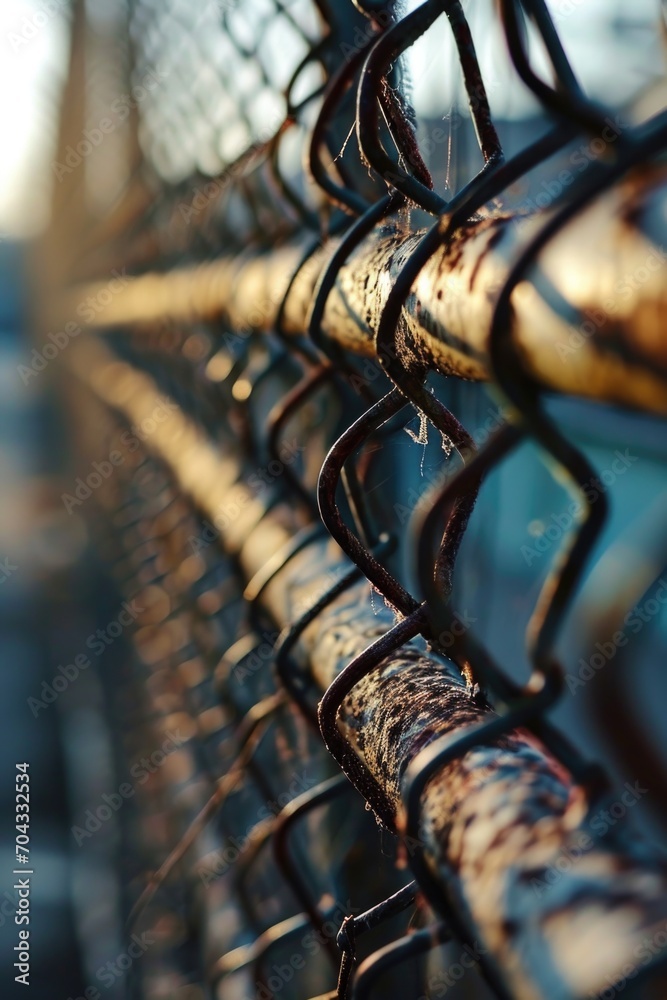Poster a detailed view of a chain link fence. this image can be used to depict security, boundaries, or ind