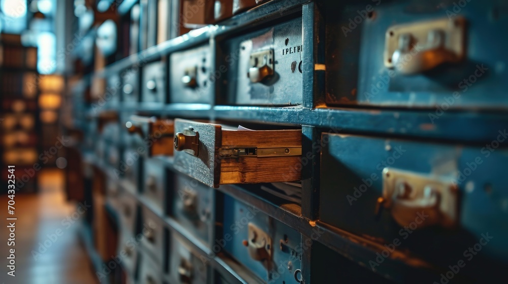 Poster a room filled with numerous wooden drawers. versatile image suitable for various uses