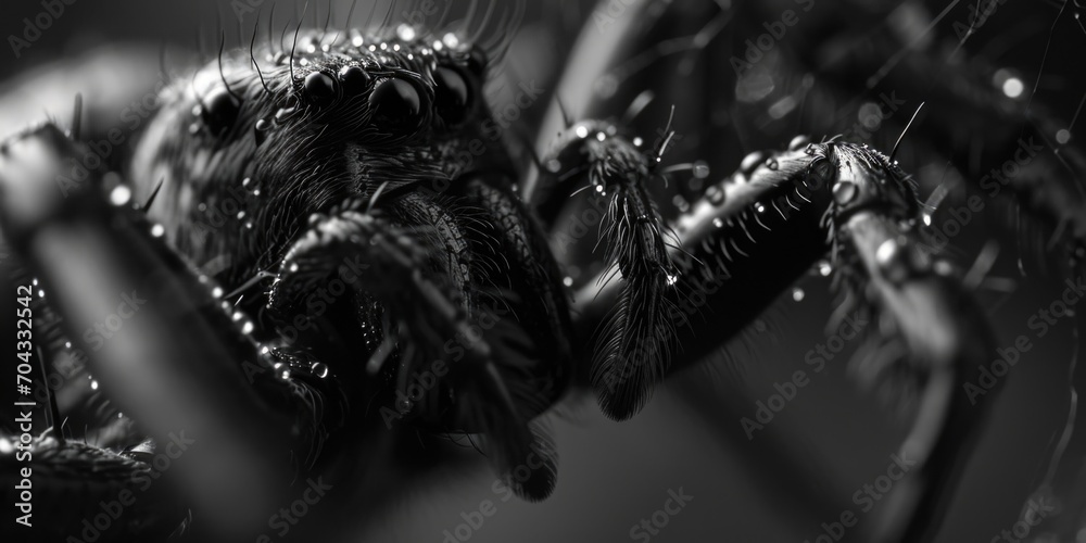 Poster a black and white photo capturing the intricate details of a spider. suitable for nature enthusiasts