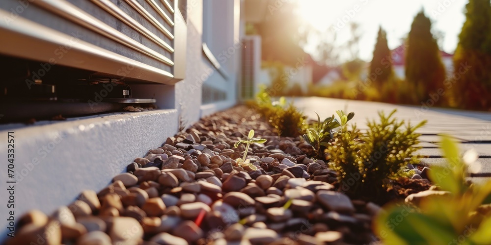 Poster a detailed view of a window sill adorned with rocks and various plants. perfect for home decor and g
