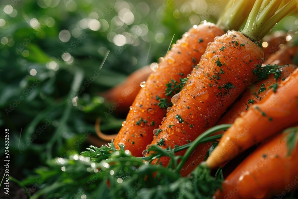 Poster A close-up view of a bunch of carrots. This image can be used to showcase the vibrant colors and fresh produce of a farmer's market or to illustrate healthy eating habits