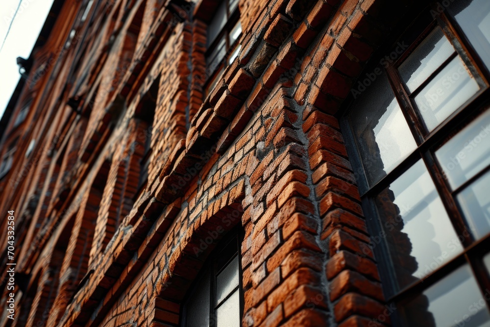 Aufkleber A picture of a red brick building with a clock on its side. Can be used to represent architecture, time, or a landmark