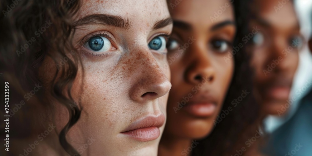 Poster a close-up view of a woman's face with freckles. this image can be used to showcase natural beauty o