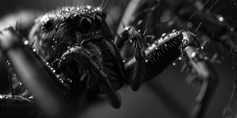 A black and white photo capturing the intricate details of a spider. Suitable for nature enthusiasts and those interested in macro photography - obrazy, fototapety, plakaty