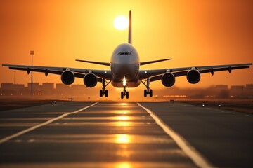 Fototapeta na wymiar A modern aircraft lifts off into the sunset, its sleek profile set against the warm, glowing horizon