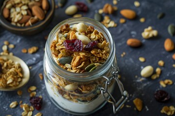 A glass jar filled with a delicious combination of granola and nuts. Perfect for a healthy breakfast or snack.