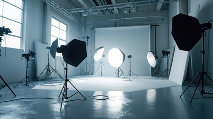 A professional photo studio filled with various lighting equipment. Ideal for photographers and photography enthusiasts - Powered by Adobe