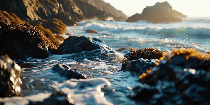 A detailed view of a body of water with rocks in the background. Ideal for nature or landscape themes