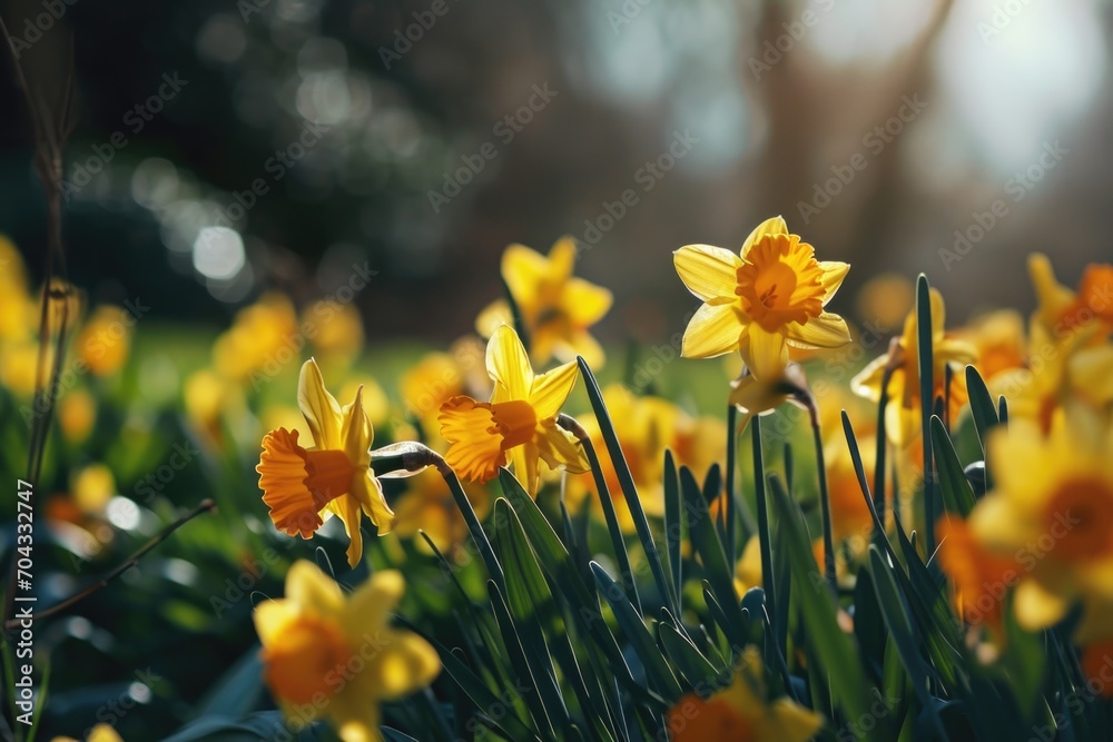 Poster a beautiful field of yellow daffodils illuminated by the sunlight. perfect for springtime themes and