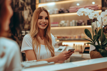 beautiful cheerful female administrator of a beauty salon, stands at the reception desk and accepts payment for the service by credit card through the terminal