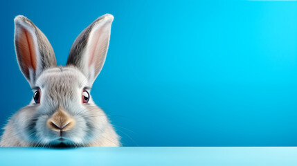Funny bunny looking at the camera on a blue background , Easter bunny concept