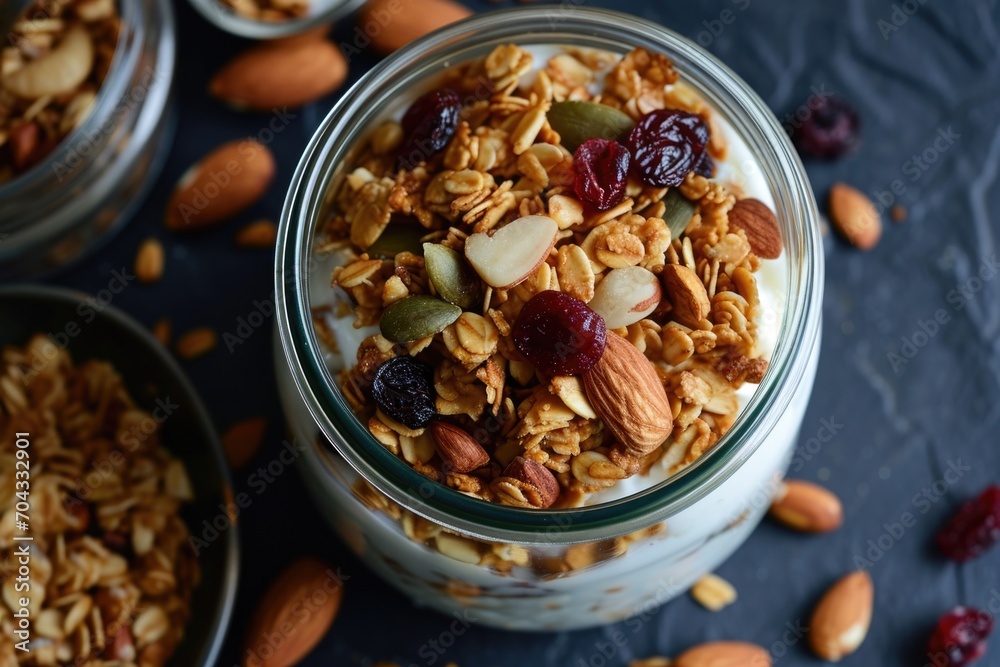 Poster A jar filled with a delicious mix of granola, nuts, and cranberries. Perfect for a healthy and energizing breakfast or snack