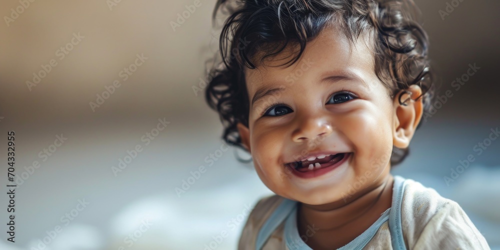 Poster a small child with curly hair smiling at the camera. suitable for various uses