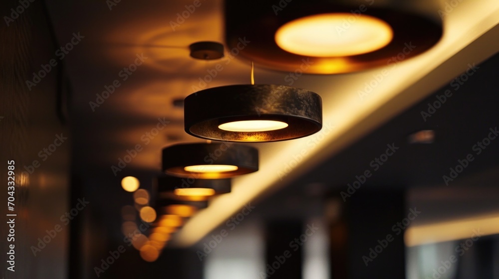 Poster A row of lights hanging from the ceiling. Perfect for adding a touch of ambiance and warmth to any space