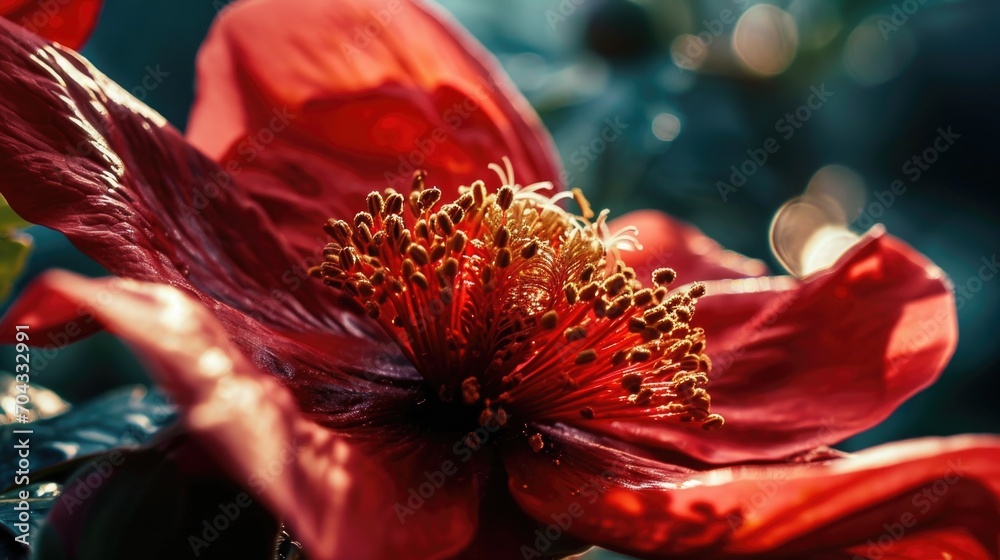 Poster A detailed view of a vibrant red flower with lush green leaves. Perfect for adding a pop of color to any project or design