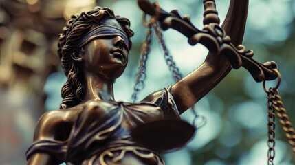 Lady Justice statue holding a sword, symbolizing strength and justice. Suitable for legal, law enforcement, and court-related themes - obrazy, fototapety, plakaty