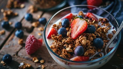 Foto op Aluminium A delicious bowl of granola topped with fresh strawberries and blueberries. Perfect for a healthy breakfast or snack © Fotograf