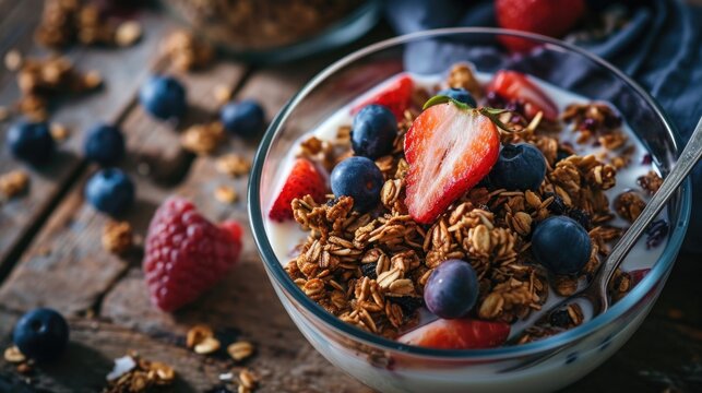 A Delicious Bowl Of Granola Topped With Fresh Strawberries And Blueberries. Perfect For A Healthy Breakfast Or Snack