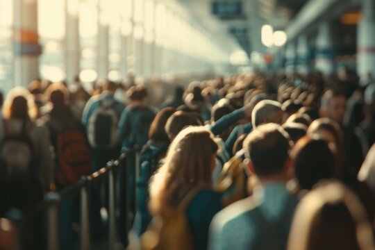 A Group Of People Waiting In A Queue At An Airport. Suitable For Travel-related Projects