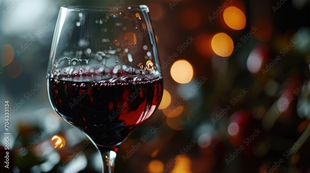 Poster a glass of red wine sitting on top of a table. perfect for wine enthusiasts or a romantic setting