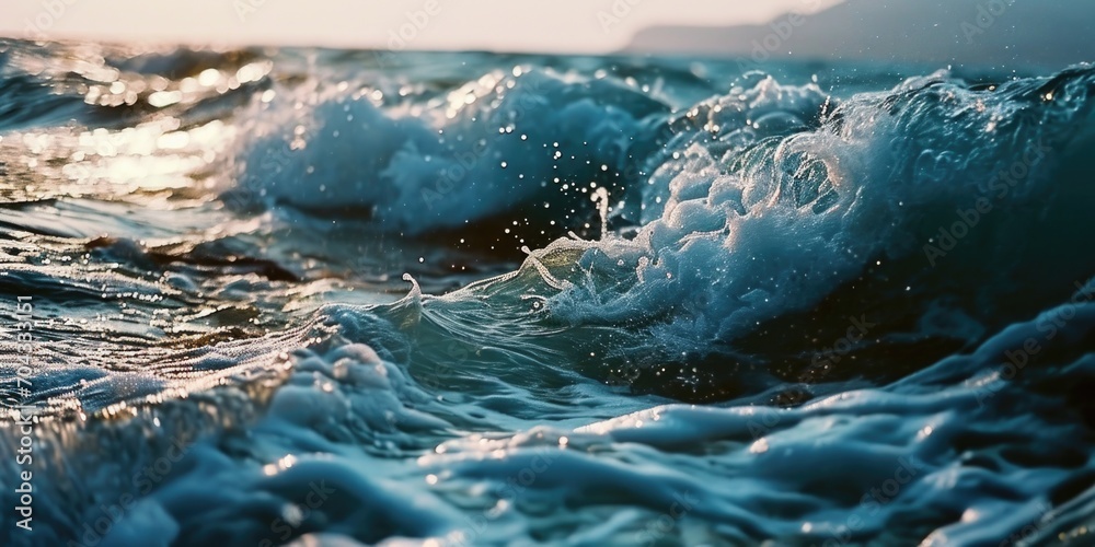 Poster a detailed view of a powerful wave in the ocean. perfect for capturing the beauty and strength of na