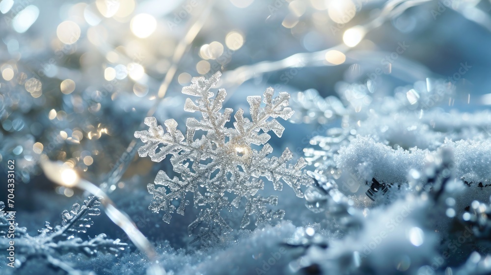 Poster A detailed close-up of a snowflake resting on a plant. This image captures the intricate details of the snowflake and its delicate placement on the plant.