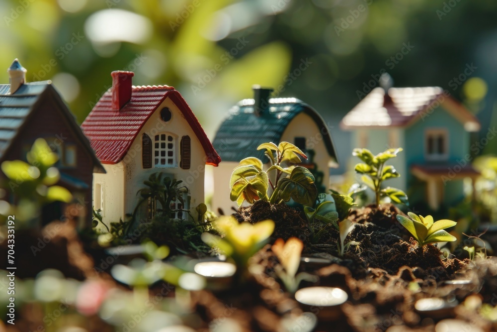 Poster miniature houses and plants in a garden. ideal for showcasing small-scale architecture and garden de