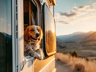 dogs camping in the car. Pets on vacation.