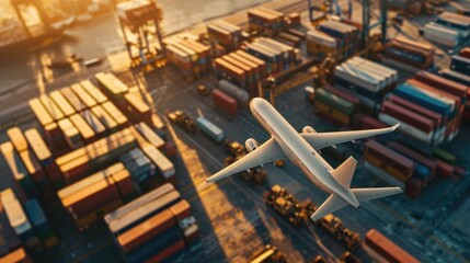 An airplane is flying over a large number of shipping containers. This image can be used to depict transportation, logistics, global trade, or the shipping industry - obrazy, fototapety, plakaty