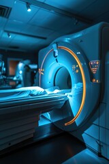MRI machine in a dark room illuminated by blue light. Suitable for medical and healthcare concepts