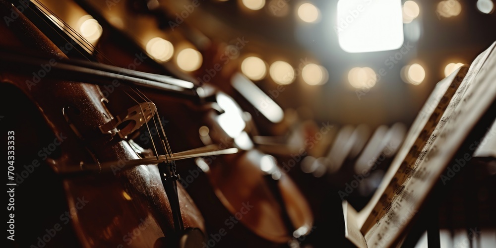 Poster a detailed view of a cello in a room. suitable for music-related projects or interior design concept