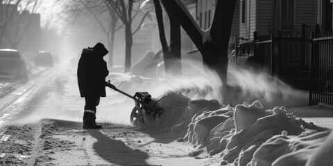 A man is using a snow blower to clear a snowy street. This image can be used to depict winter maintenance or snow removal
