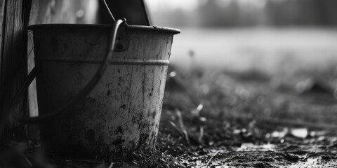 A bucket sitting on the ground next to a tree. Suitable for various outdoor and gardening themes - obrazy, fototapety, plakaty