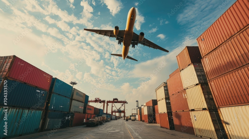 Aufkleber an airplane is flying over a large number of shipping containers. this image can be used to depict t