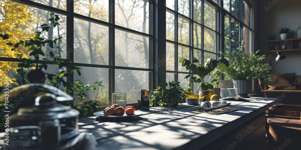 Aufkleber a kitchen featuring a window and a table adorned with fresh fruit. perfect for showcasing a vibrant 