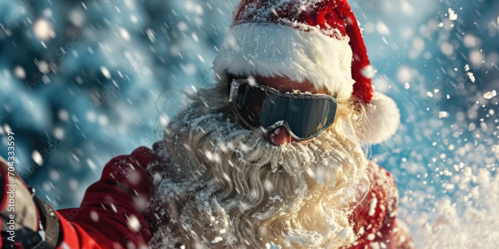 Poster A picture of a man dressed as Santa Claus in a snowy setting. This image can be used for various holiday-themed projects