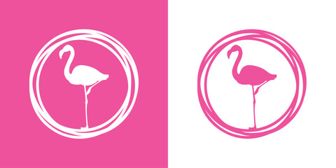 Marco circular con líneas con silueta de flamingo de pie