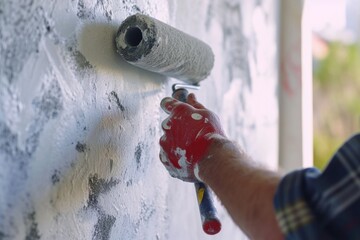 A person is using a paint roller to paint a wall. This image can be used for home improvement or renovation concepts