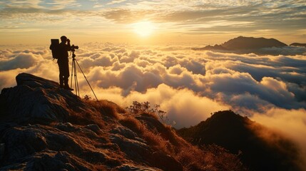 Fototapeta premium A man stands on top of a mountain, capturing the breathtaking view with his camera. Perfect for travel and adventure themes
