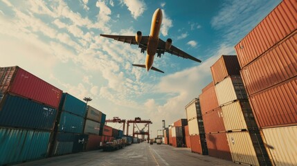 An airplane is flying over a large number of shipping containers. This image can be used to depict transportation, logistics, or global trade - obrazy, fototapety, plakaty
