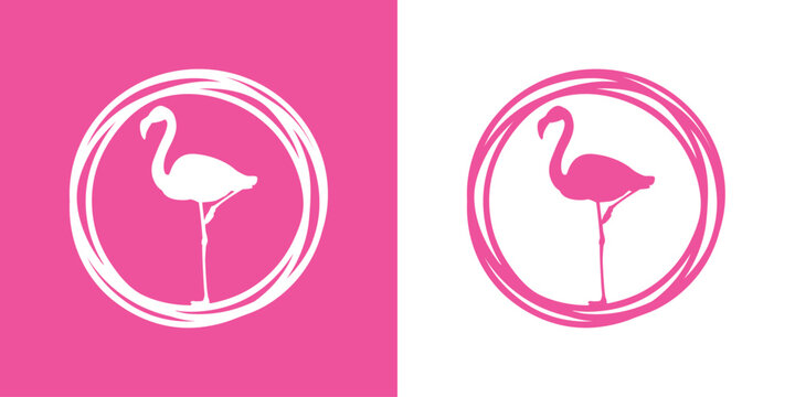 Marco circular con l&iacute;neas con silueta de flamingo de pie