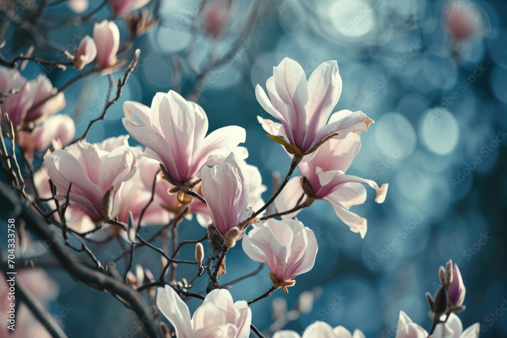Poster a close-up view of a bunch of flowers growing on a tree. this image can be used to depict the beauty