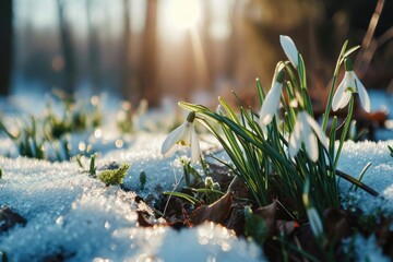 A group of snowdrops sitting on top of a snow covered ground. Perfect for winter-themed designs and nature illustrations - obrazy, fototapety, plakaty