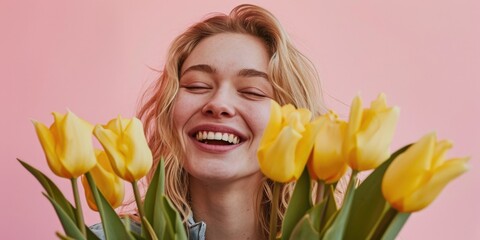 A woman happily holding a bunch of yellow tulips. Perfect for springtime or floral themed designs