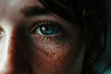 A detailed close-up of a person's eye with distinct freckles. This image can be used to represent uniqueness, beauty, or individuality.